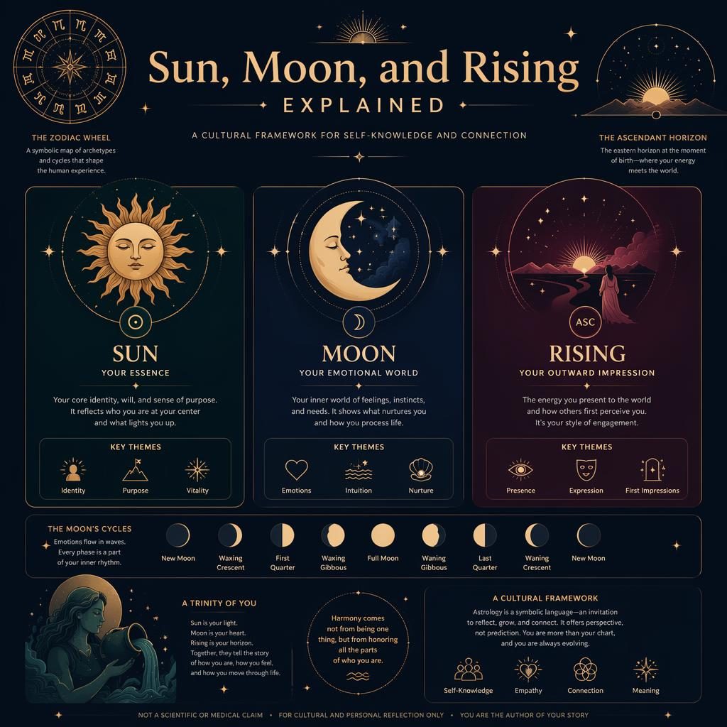 Infografía zodiacal minimalista con paneles Sol, Luna y Ascendente, rueda zodiacal, fases lunares y símbolos celestes.
