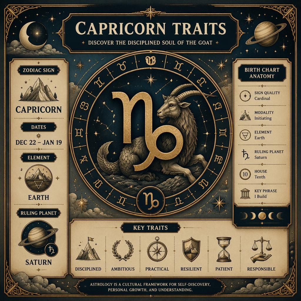 Infographie astrologique vintage du Capricorne avec glyphe central, roue du zodiaque, dates, Saturne et palette terre bleu or.