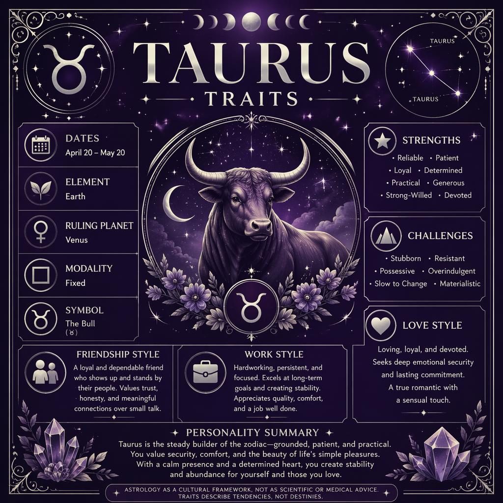 Deep purple Taurus Traits zodiac infographic with silver linework, Taurus glyph, constellation, moon phases, and trait sections.