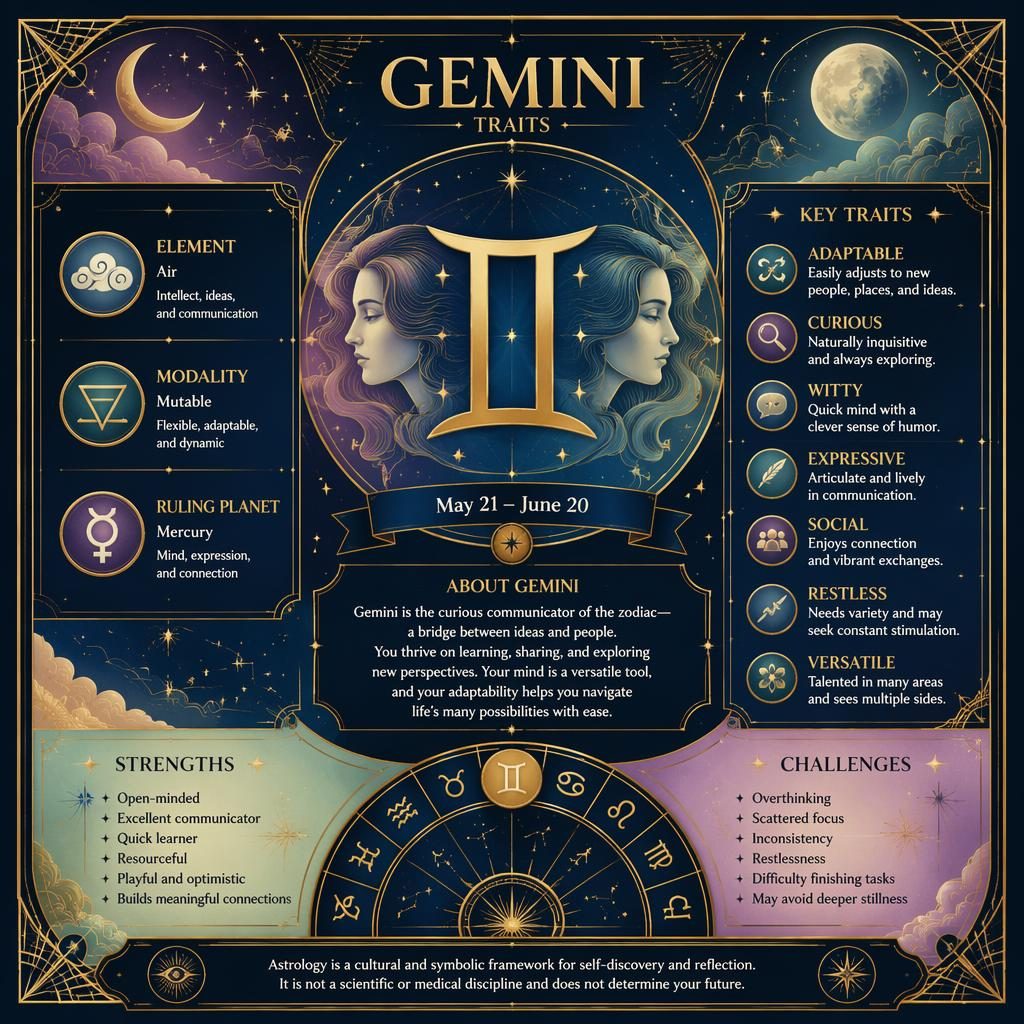 Art deco Gemini Traits infographic with Gemini glyph, May 21–June 20, Air, Mercury, traits, stars, moon phases, and gold linework.