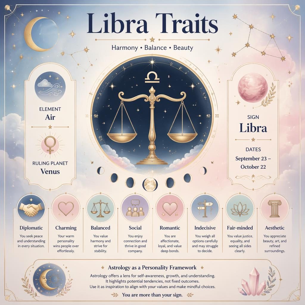 Pastel celestial Libra traits infographic with scales, Libra glyph, stars, moon phases, zodiac wheel, and English labels.