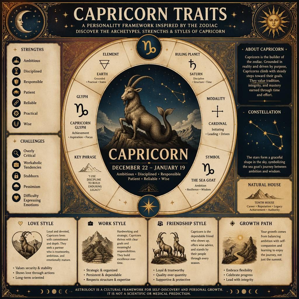 Infografía zodiacal vintage de Capricorn con glifo central, rueda astral, paneles en inglés y detalles celestes en azul y dorado.