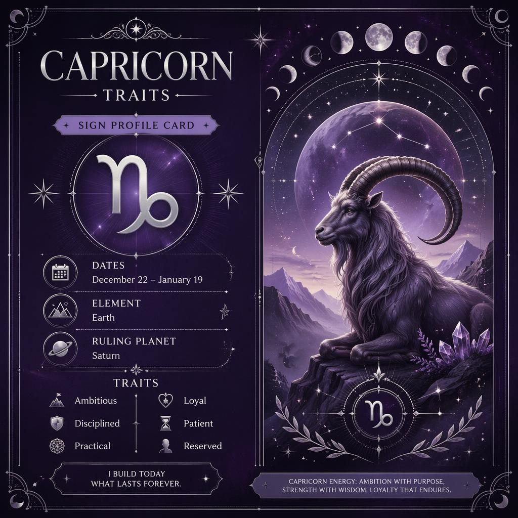 Infografía zodiacal Capricorn Traits en inglés, con glifo de Capricornio, fechas, elemento Tierra, Saturno y símbolos celestiales.