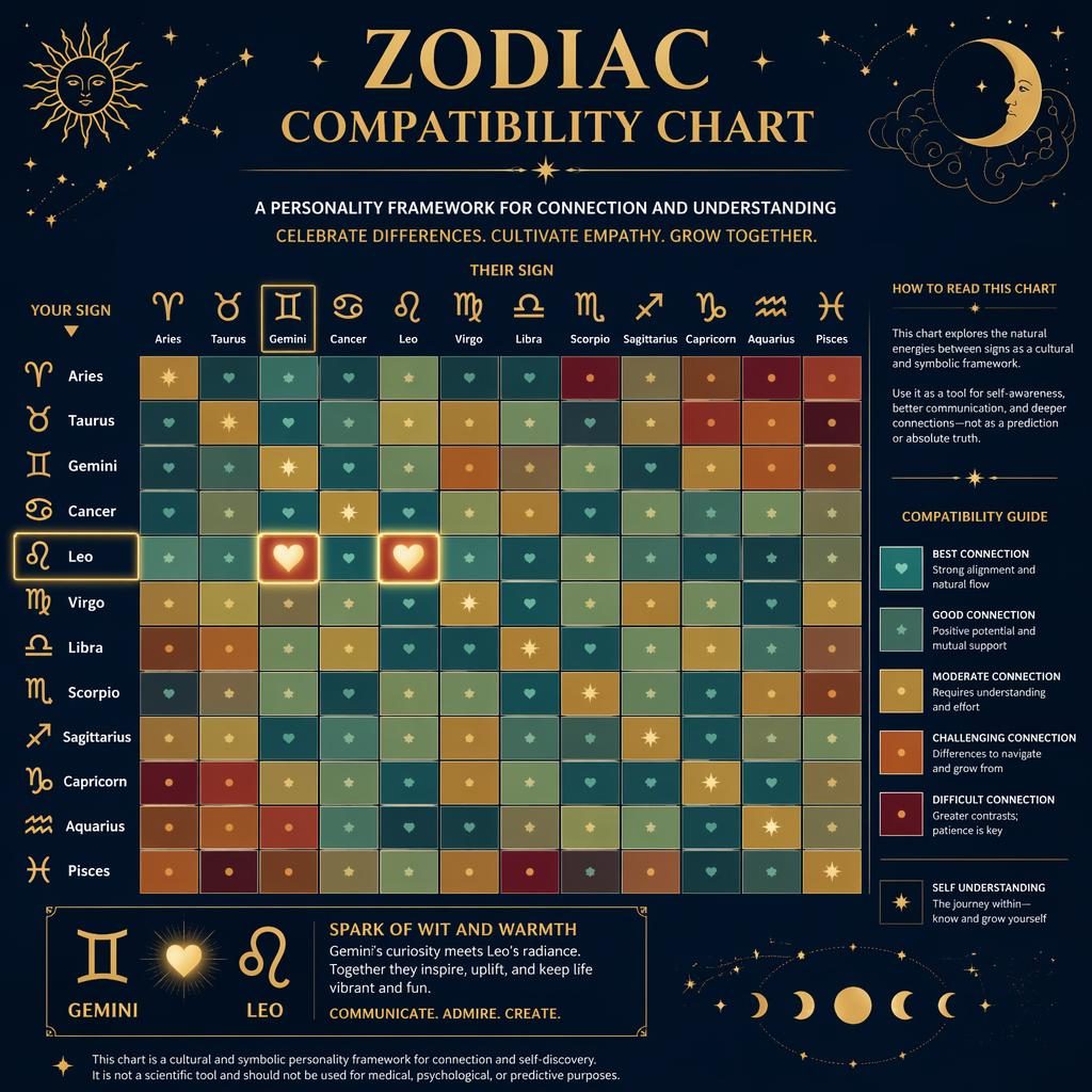 Infografía zodiacal con matriz 12x12 de compatibilidad, signos en inglés, diseño azul medianoche y dorado, destacando Leo y Gemini.