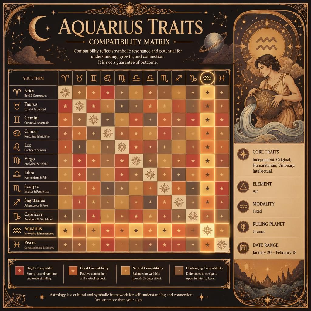 Art nouveau zodiac infographic with Aquarius Traits title, 12x12 compatibility matrix, celestial borders, and Aquarius details panel.