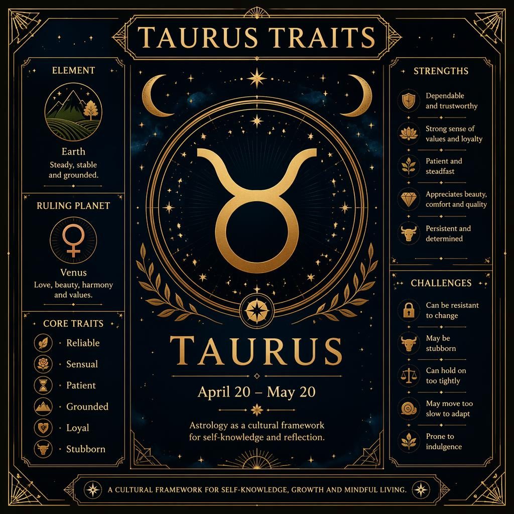 Art Deco Taurus traits infographic card in midnight blue and gold with Taurus glyph, zodiac motifs, dates, element, Venus, and traits.