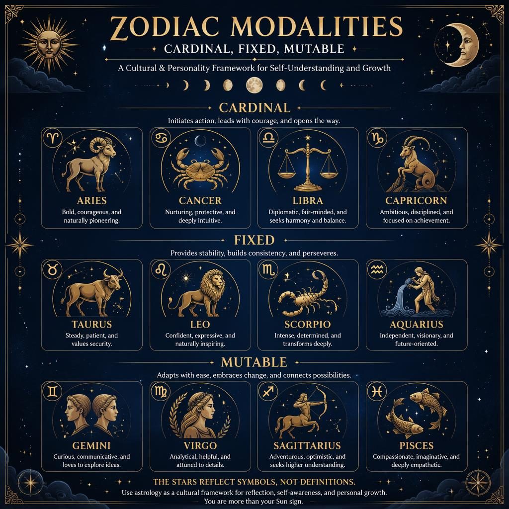 Midnight blue and gold zodiac modalities infographic with a 12-sign grid, grouped as Cardinal, Fixed, and Mutable.
