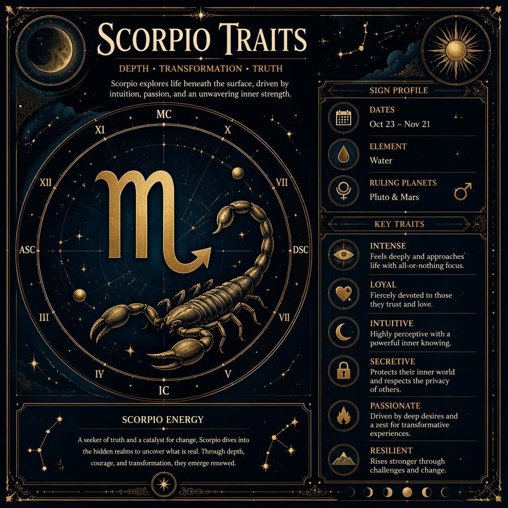Vintage Scorpio traits infographic in midnight blue and gold with glyph, dates, water element, planets, constellation, and zodiac wheel.