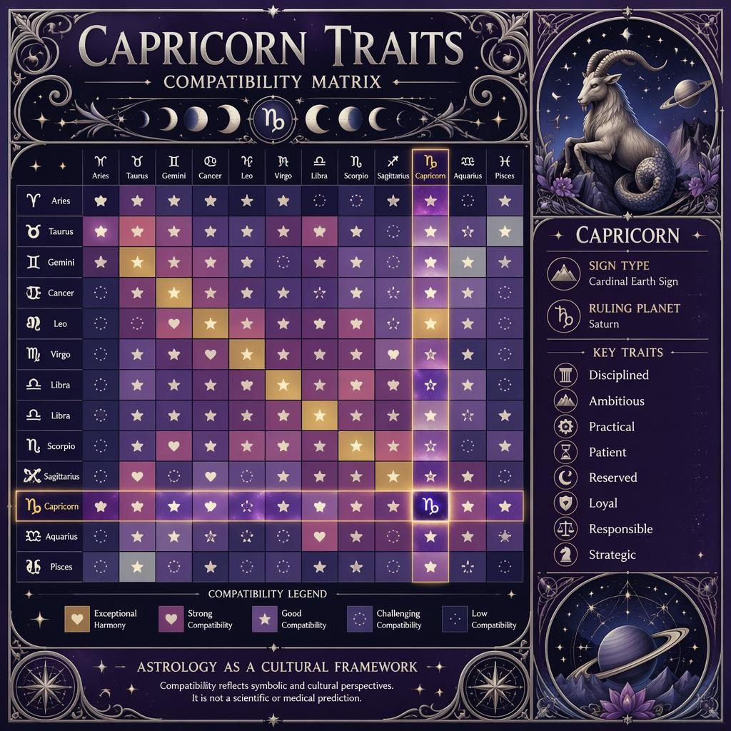 Infografía mística de Capricornio con matriz 12x12 de compatibilidad, signos del zodiaco, paleta púrpura y plata y estilo art nouveau.