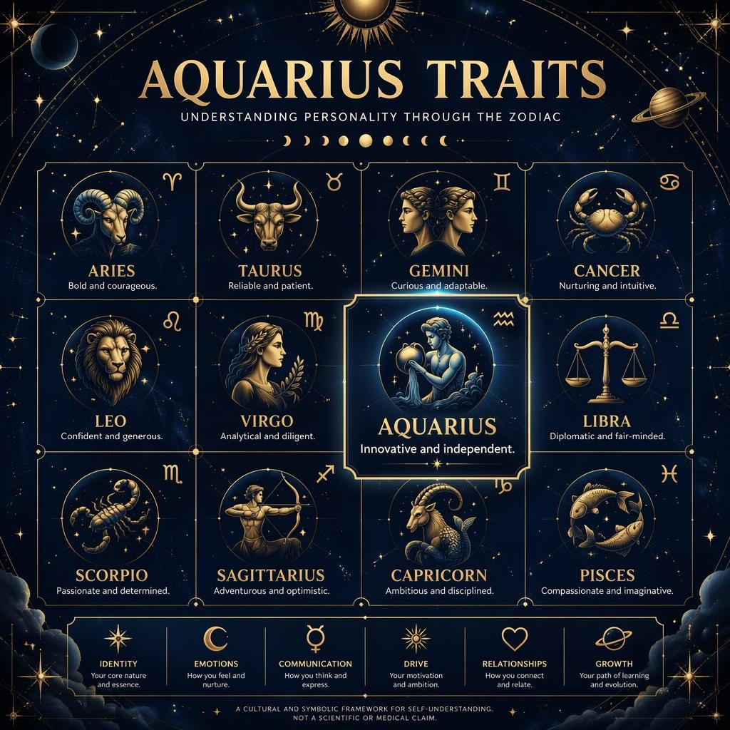 Editorial zodiac infographic grid of 12 signs, Aquarius highlighted, in midnight blue and gold celestial style.
