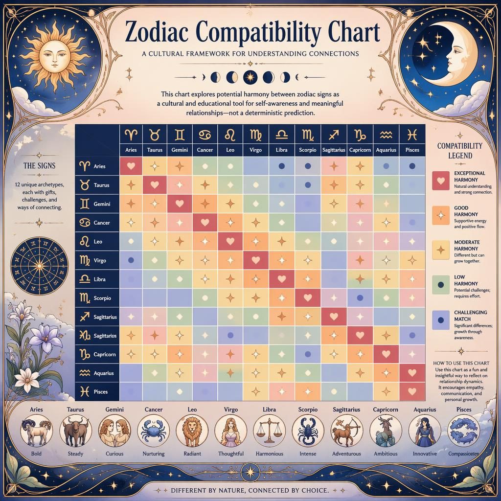 Art nouveau zodiac compatibility chart heatmap with 12 signs on both axes, pastel celestial motifs, legend, and ornate borders.