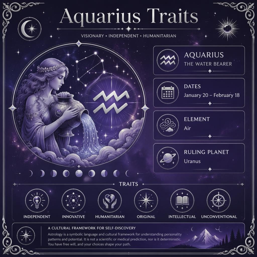 Mystická infografika Aquarius Traits v tmavě fialové a stříbrné, s glyfem Vodnáře, souhvězdím, fázemi Měsíce a hvězdami.