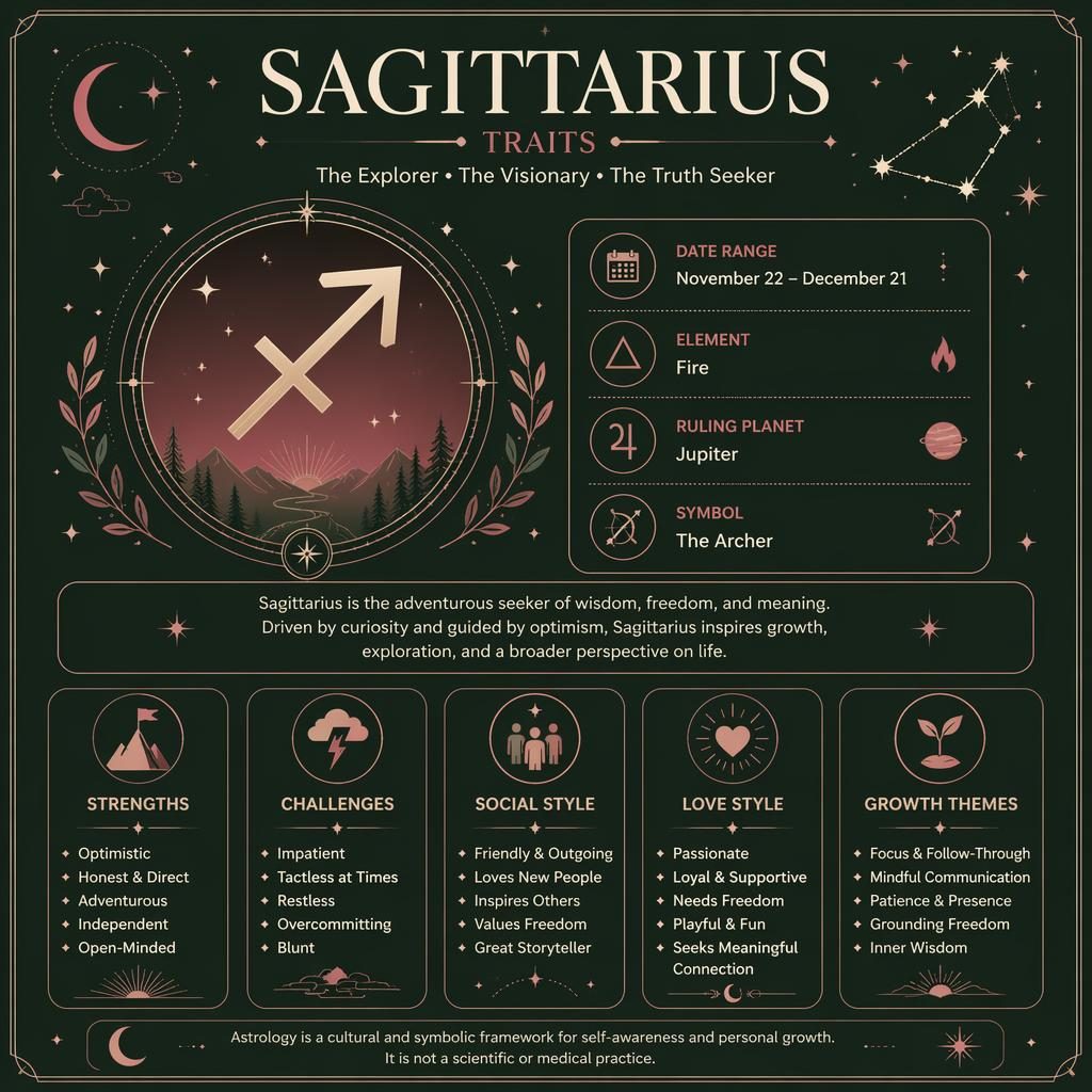 Minimal Sagittarius traits infographic card with zodiac glyph, dates, element, ruling planet, traits, and celestial icons.