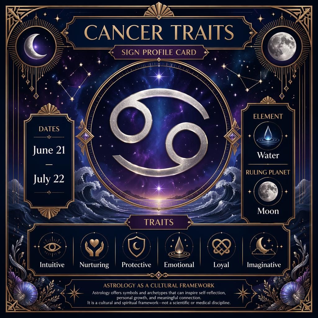Art deco Cancer traits infographic with gold glyph, deep blue and purple celestial frame, moon motifs, traits and dates.