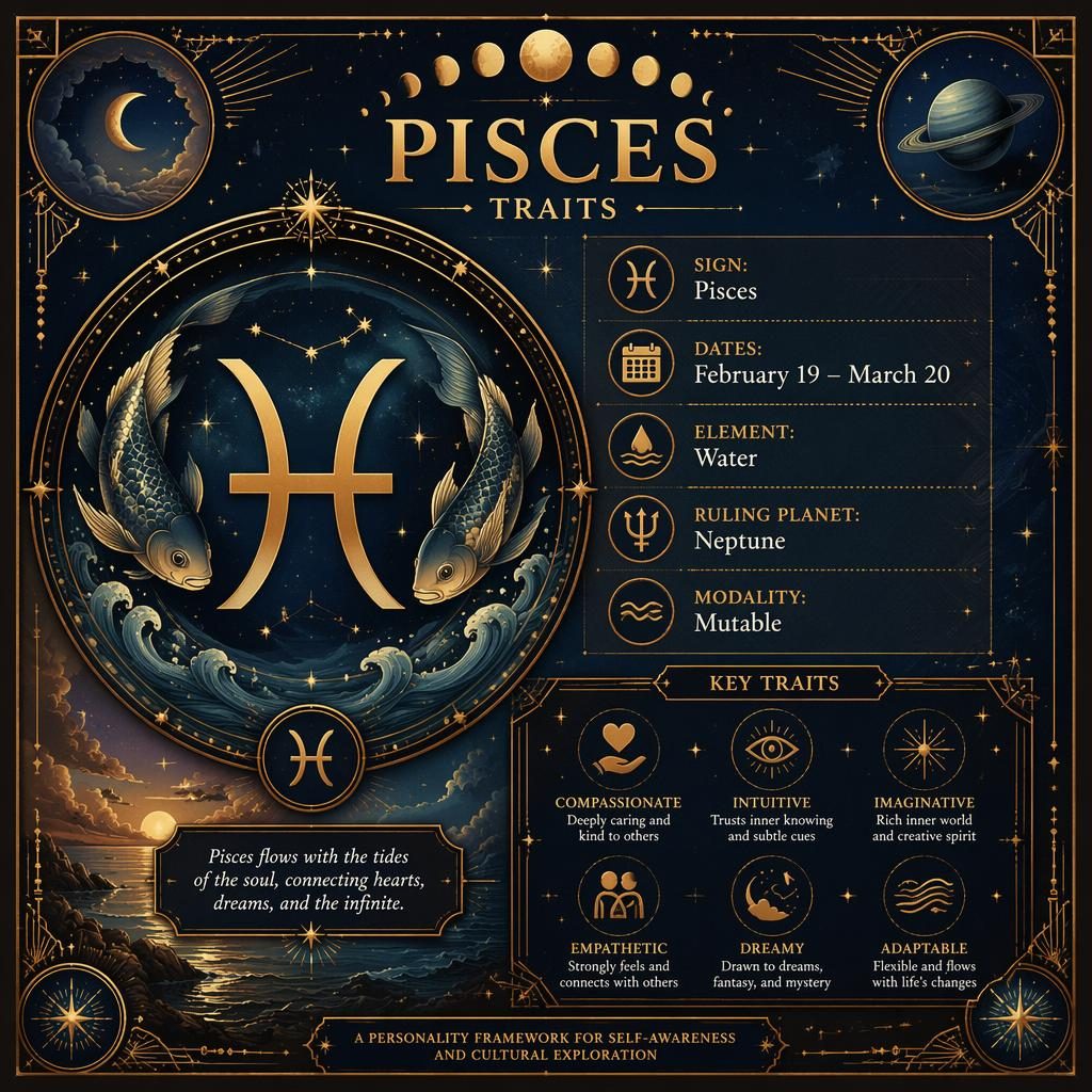 Art deco Pisces traits infographic with gold glyph, dates, water element, Neptune, constellation, stars, moon phases.