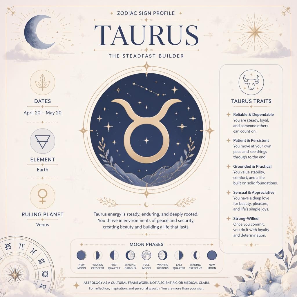 Pastel monochrome Taurus traits infographic with Taurus glyph, date range, element, ruling planet, stars and moon phases.
