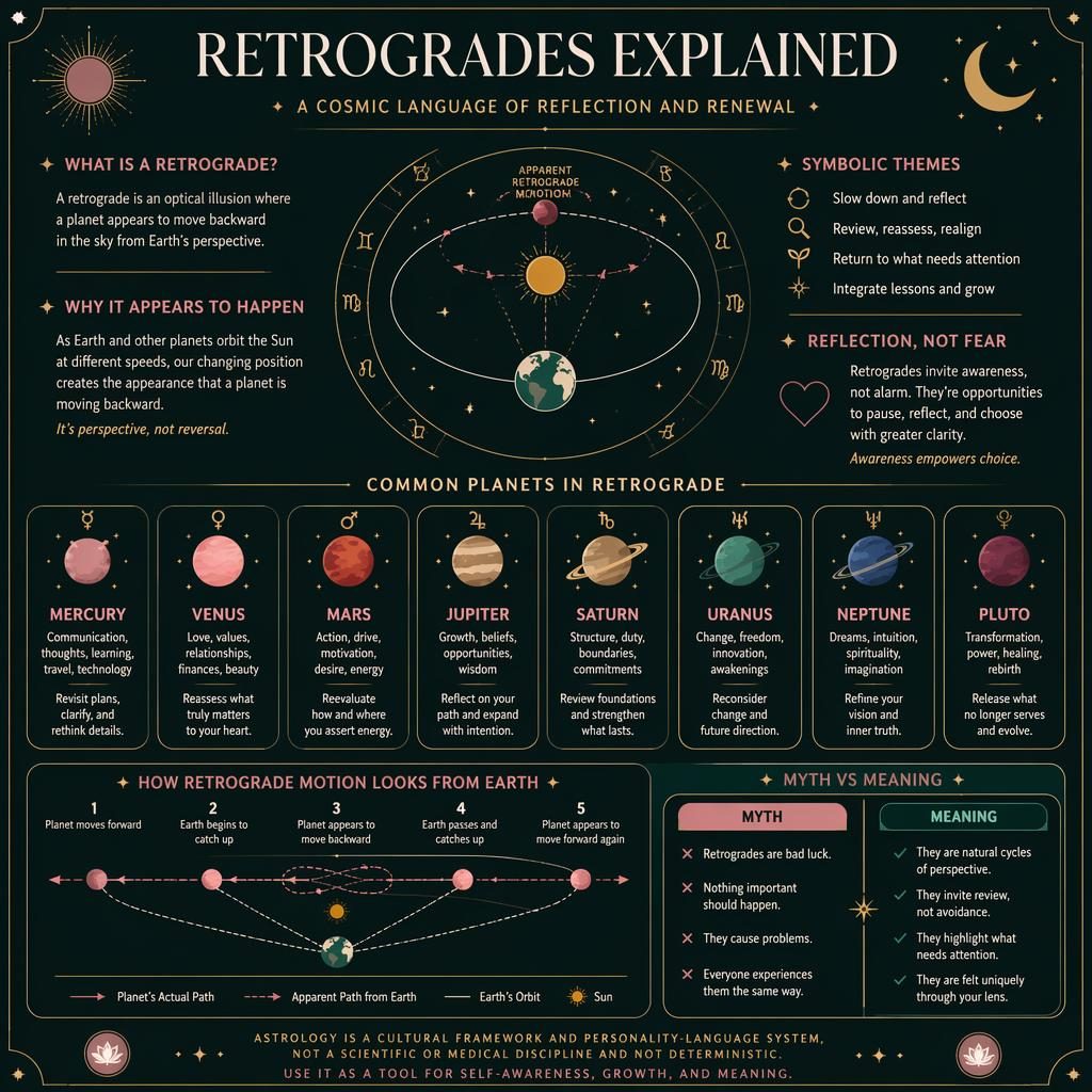 Zodiac-style retrogrades infographic with planets, zodiac wheel motifs, orbital diagram, and English explainer panels.