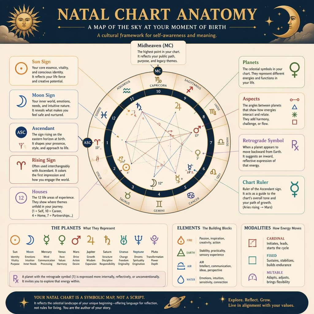 Zodiac infographic titled "Natal Chart Anatomy". SIGN PROFILE CARD adapted as a planet explainer / natal chart anatomy l