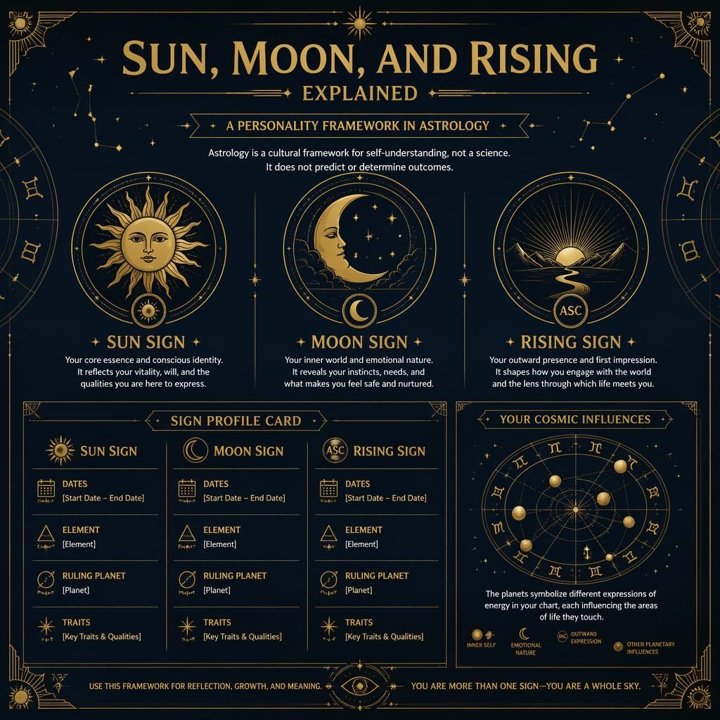 Art deco zodiac infographic in deep blue and gold showing Sun, Moon, and Rising profile cards with celestial symbols.