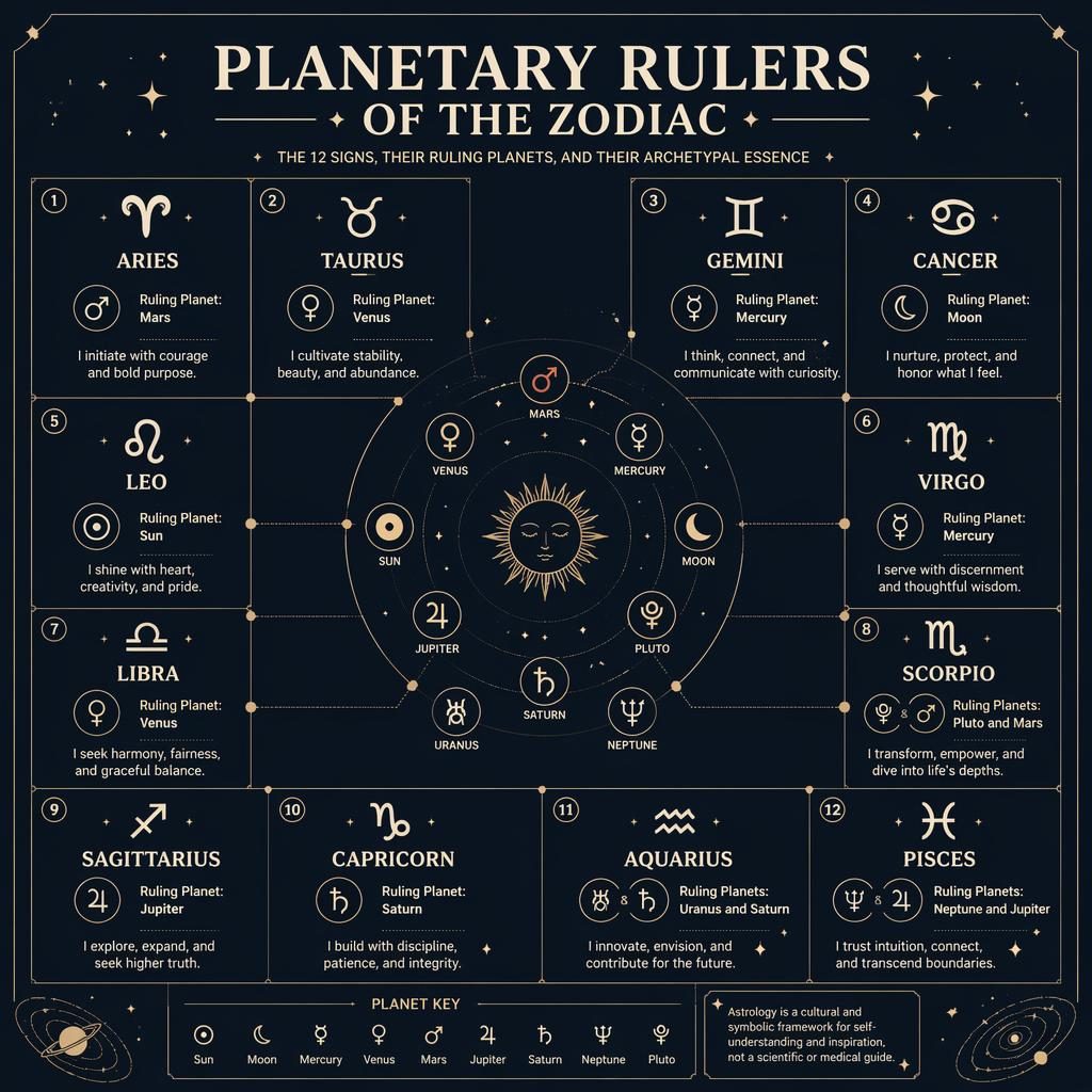 Minimal monochrome zodiac infographic showing all 12 signs, ruling planets, trait lines, orbit motifs, and celestial icons.