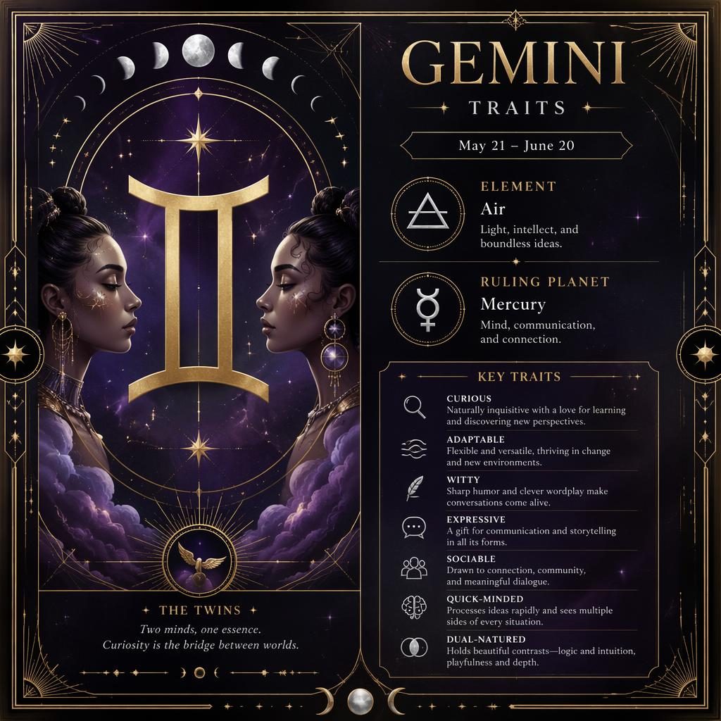 Art Deco Gemini Traits zodiac profile card with gold glyph, purple and silver celestial motifs, dates, element, planet, and traits.