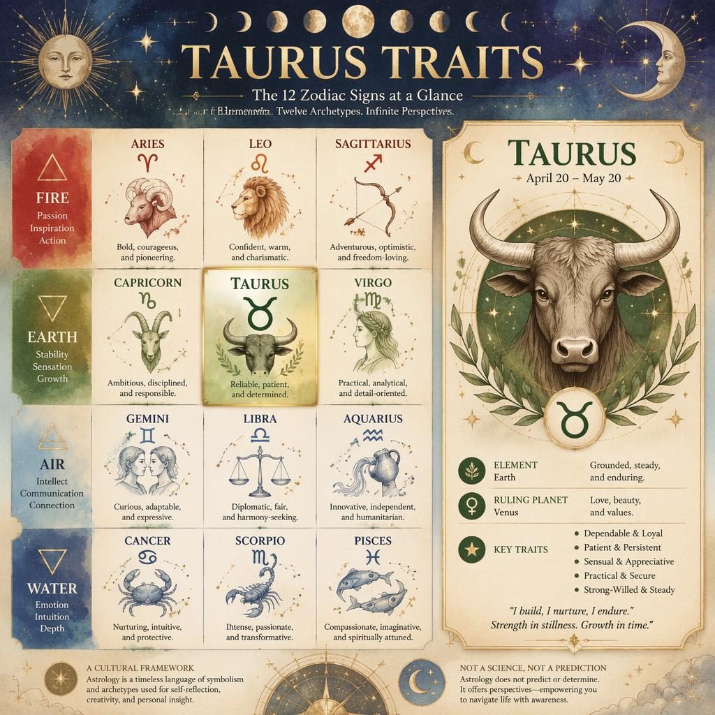 Mystical watercolor zodiac infographic with Taurus highlighted, 12-sign grid, celestial icons, stars, moon phases, and gold accents.