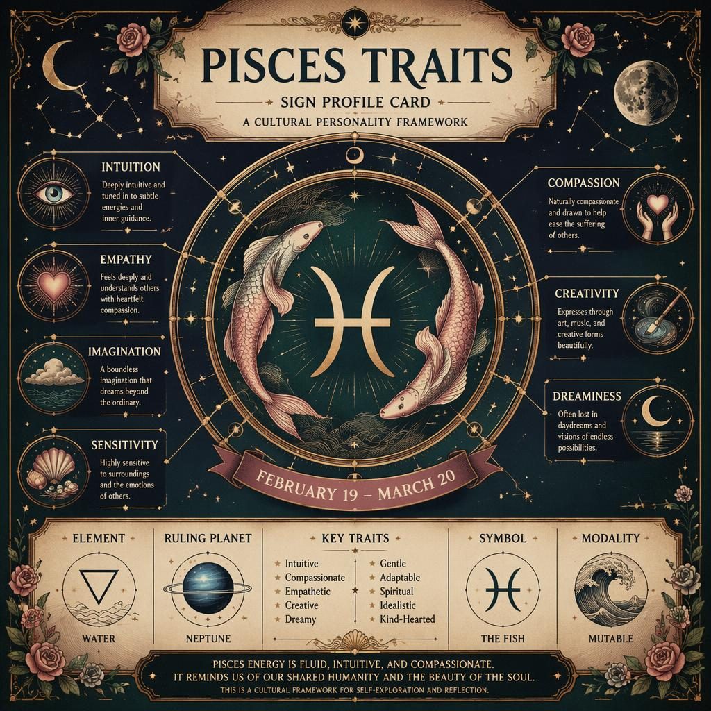 Infografía astrológica de Piscis con glifo central, carta celeste circular, rasgos en inglés, constelaciones y detalles dorados.
