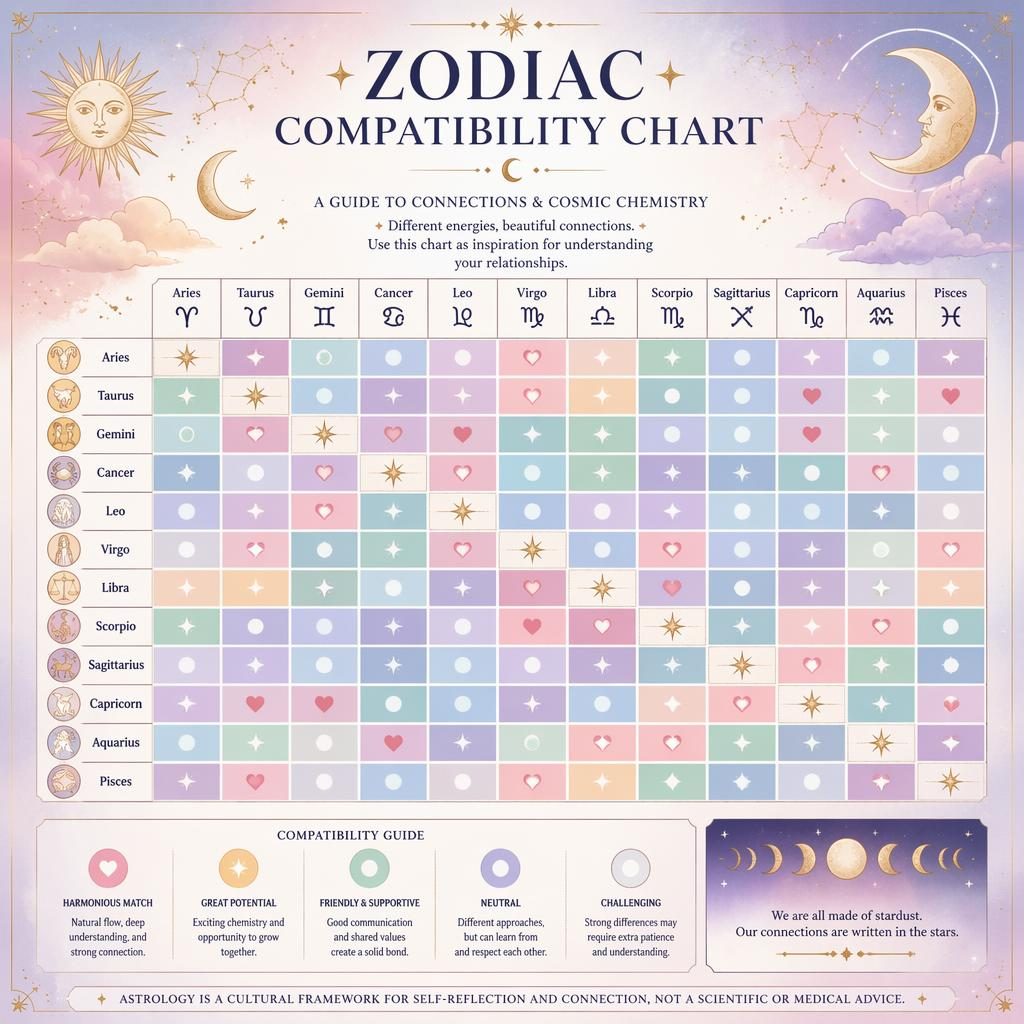 Pastel celestial zodiac compatibility chart infographic with 12×12 heatmap, sign labels, legend, stars, moon phases, and gold accents.
