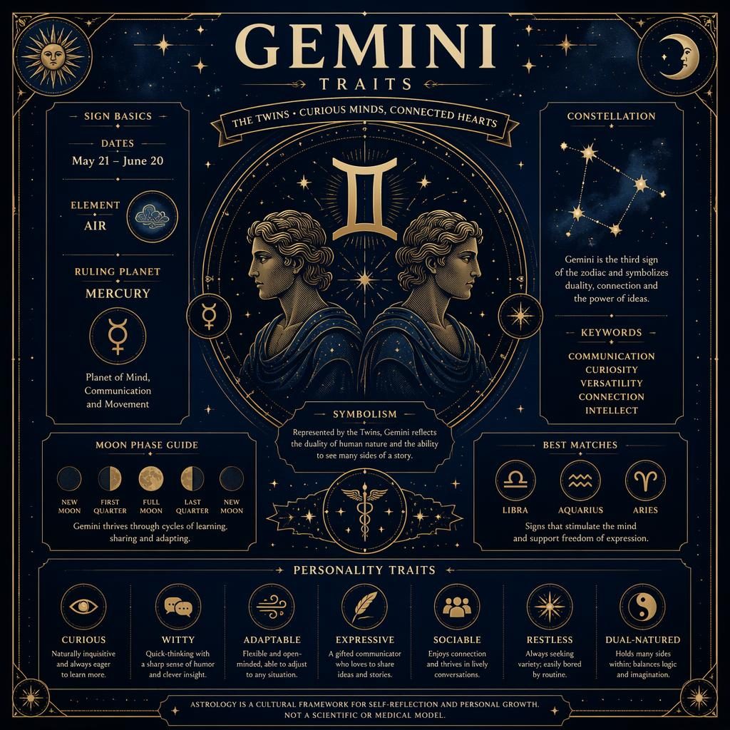 Infografía mística de Géminis en azul medianoche y dorado con glifo central, constelaciones, fases lunares y marco celestial