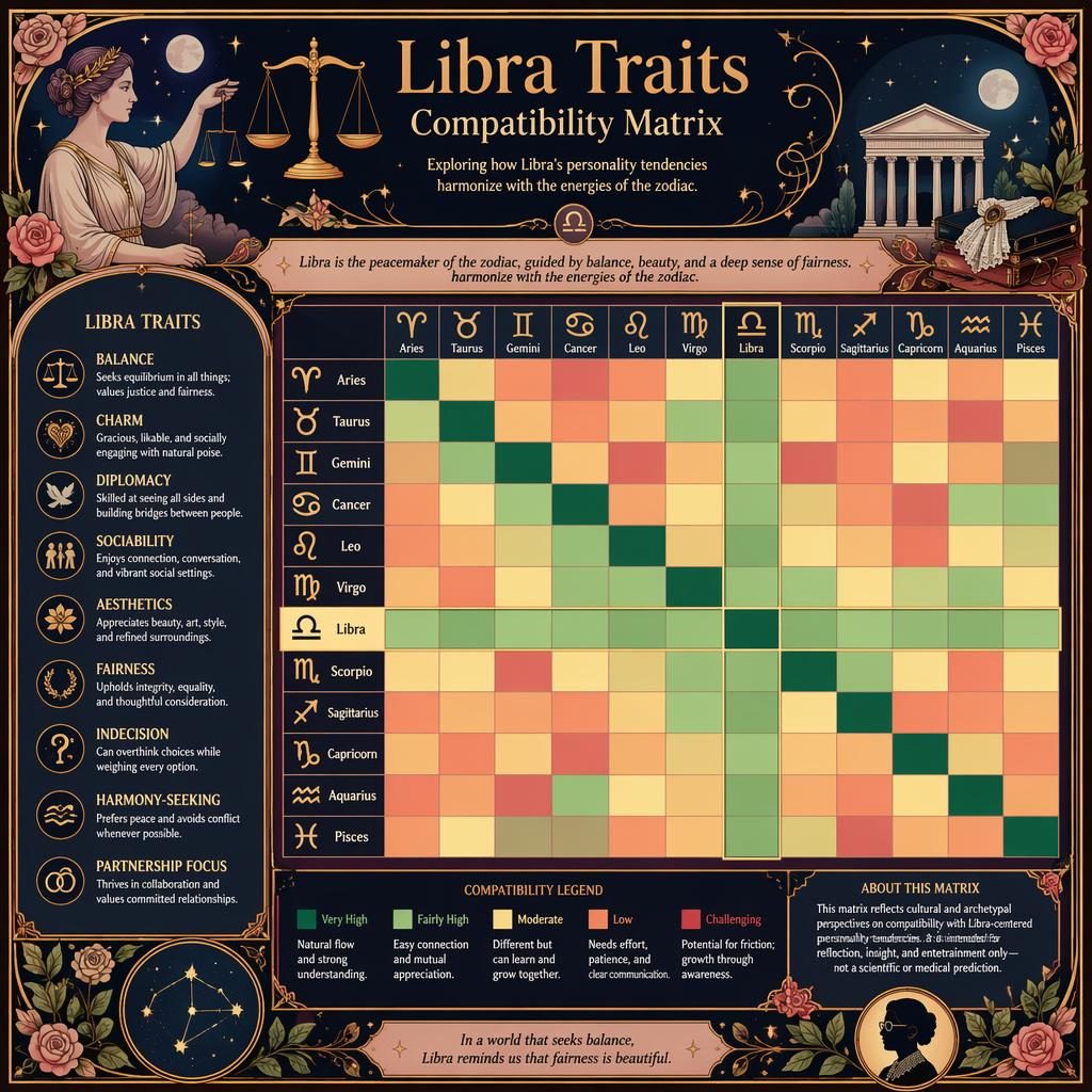 Art Nouveau Libra compatibility matrix infographic with 12 zodiac signs, celestial motifs, rose, forest, blue and gold palette