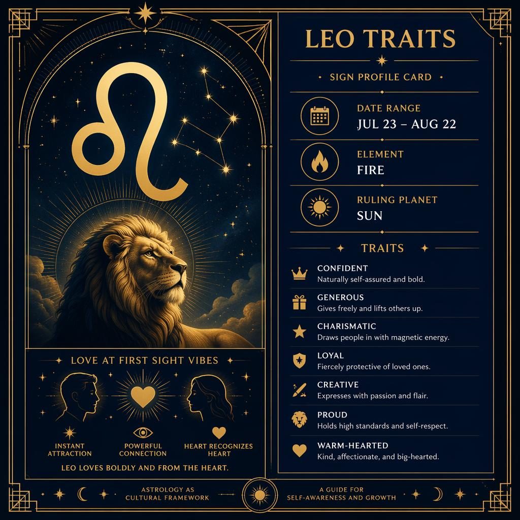 Tarjeta infográfica del signo Leo con glifo central, fechas 23 Jul–22 Aug, fuego, Sol, rasgos en inglés y detalles celestes dorados.