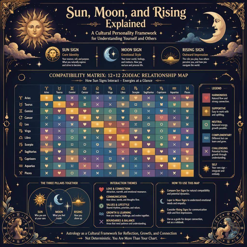 Deep blue and gold zodiac infographic with a 12x12 compatibility matrix, celestial motifs, and Sun, Moon, Rising sections.