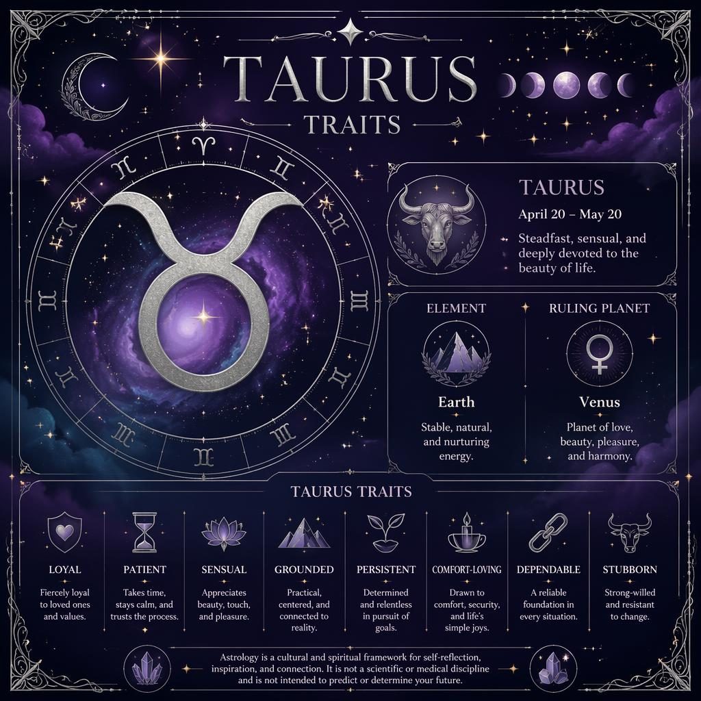 Pastel Taurus traits zodiac infographic with Taurus glyph, zodiac wheel, moon phases, stars, and English profile details.