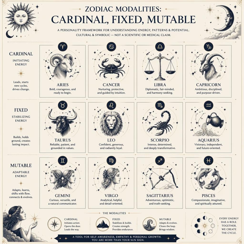 Editorial zodiac infographic grid showing 12 signs grouped by cardinal, fixed, and mutable with celestial charts and moon phases.