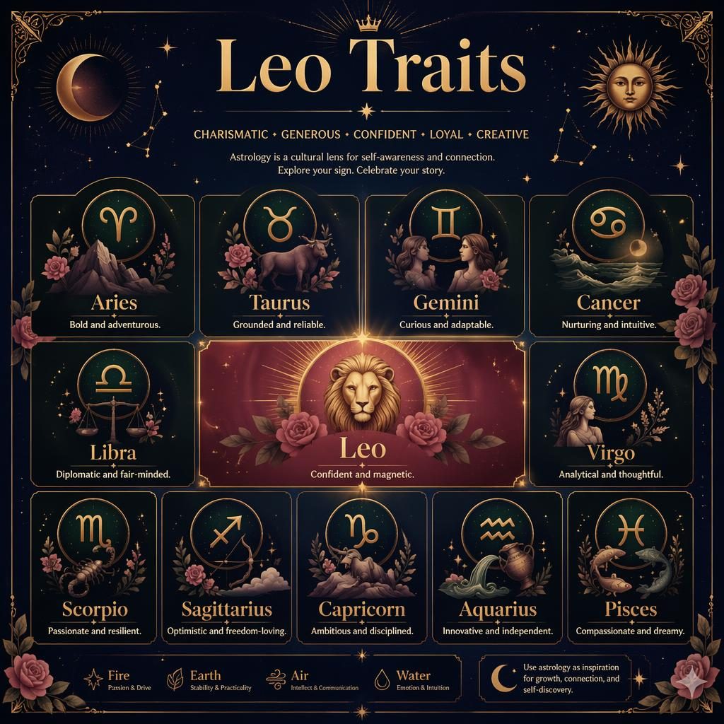 Editorial zodiac infographic titled Leo Traits in a 12-sign grid, with Leo highlighted on a deep blue and gold celestial design.