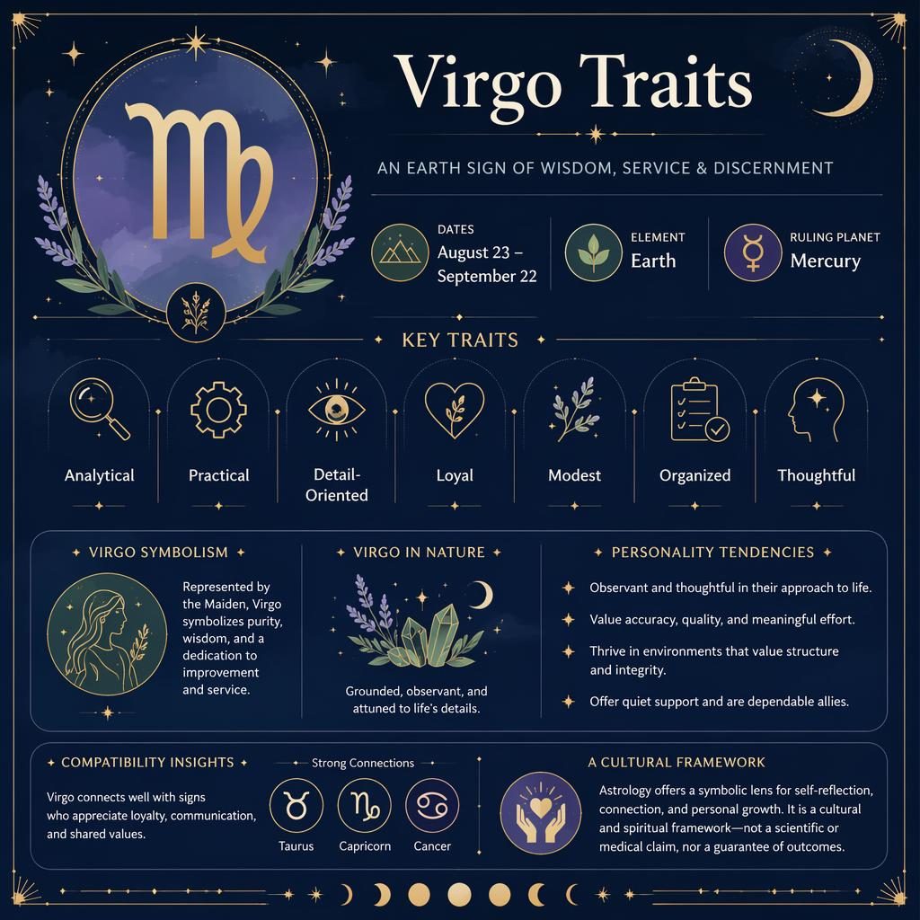 Infografía zodiacal de Virgo con glifo central, fechas 23 de agosto–22 de septiembre, Mercurio, elemento Tierra y rasgos.
