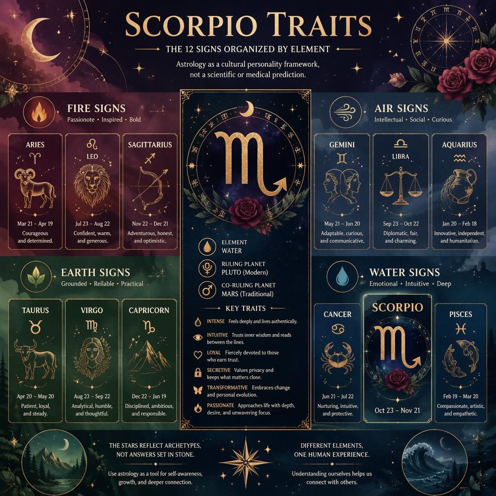Infographie astrologique en grille des 12 signes par élément, avec le Scorpion mis en avant dans les signes d’eau.