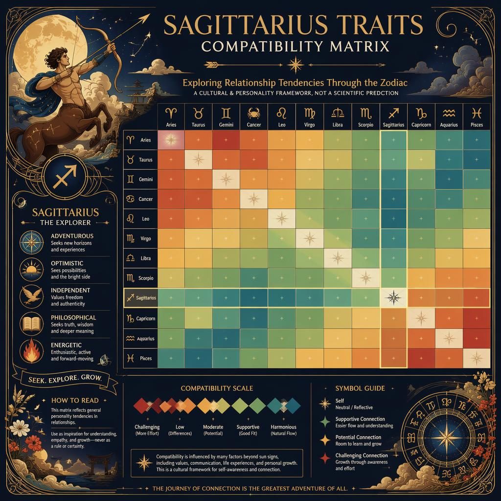 Infografika kompatibility Střelce 12×12 se znameními zvěrokruhu, nebeské motivy, art nouveau, modrá a zlatá.