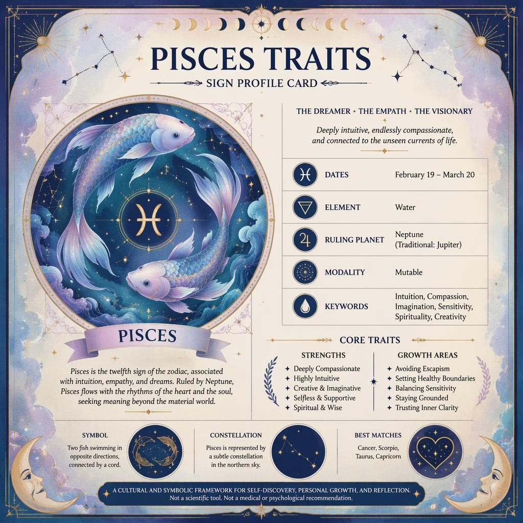 Vintage-style Pisces traits infographic card with dates, element, ruling planet, glyph, stars, moon phases, and pastel celestial borders.