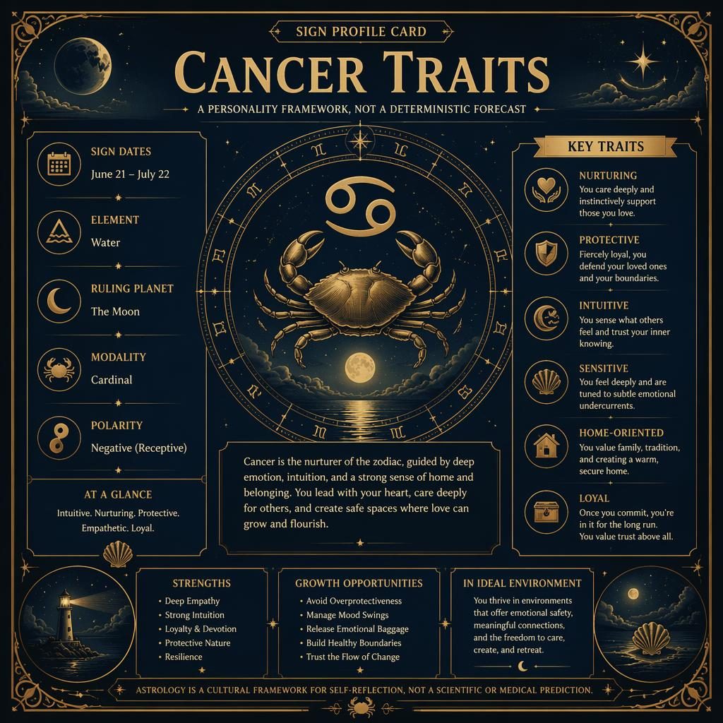 Vintage-style Cancer Traits zodiac report infographic with Cancer glyph, dates, element, ruling planet, and traits in blue and gold.