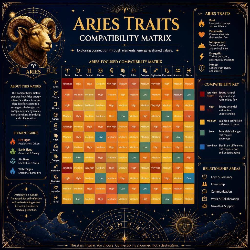 Astrology infographic heatmap titled Aries Traits Compatibility Matrix with 12 zodiac signs, midnight blue and gold celestial motifs.