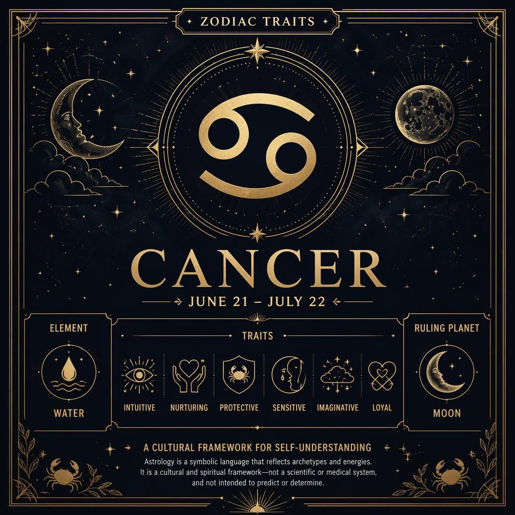 Cancer zodiac profile card infographic with centered glyph, gold Art Deco frame, moon and star motifs, traits, dates, Water and Moon icons