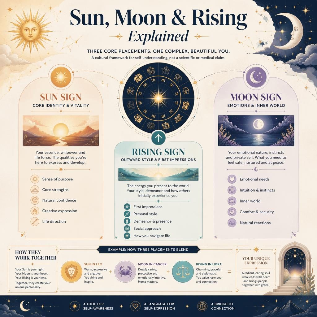 Infografía astrológica celestial con rueda zodiacal central y secciones Sol, Luna y Ascendente en inglés
