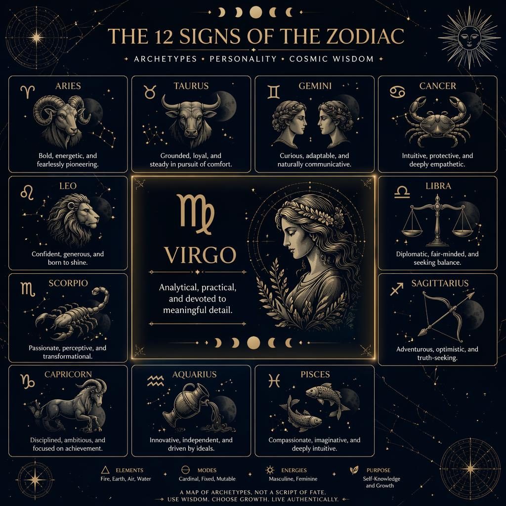 Celestial 12-panel zodiac grid infographic highlighting Virgo, with English trait labels, constellations, lunar phases, and gold accents.