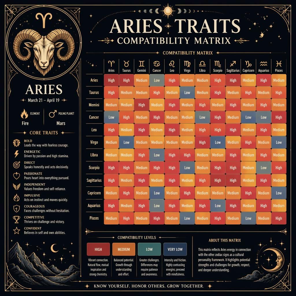Aries zodiac compatibility matrix infographic with 12x12 heatmap, deep blue and gold celestial art nouveau details.