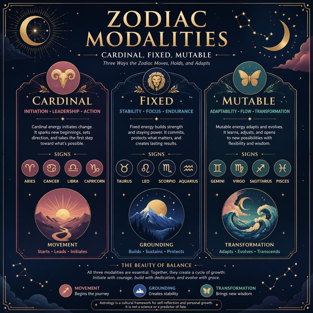 Infografía zodiacal en tres paneles sobre modalidades cardinal, fija y mutable, con fondo azul noche, detalles dorados y símbolos celestes.