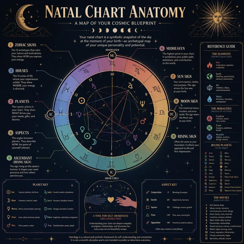 Infografía zodiacal con rueda natal central, etiquetas en inglés, iconos planetarios y paleta azul medianoche y dorado.