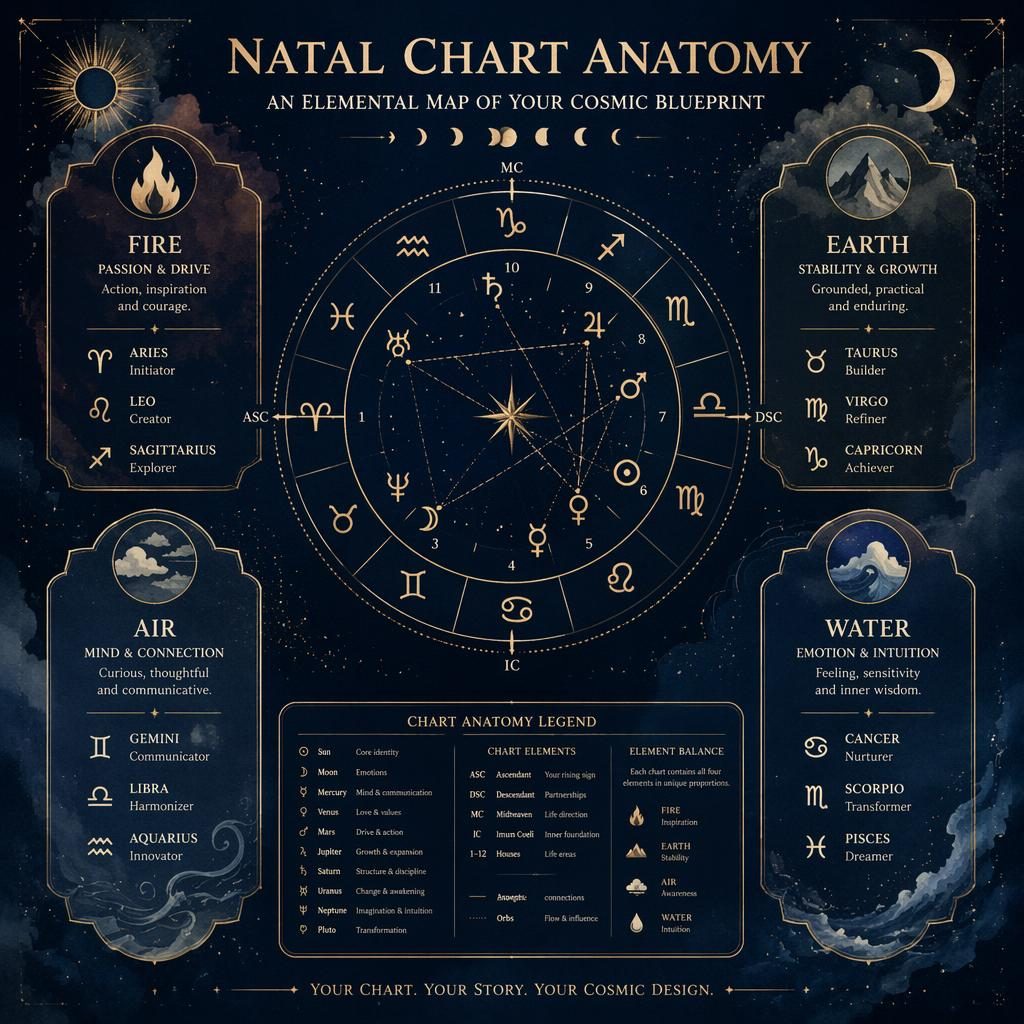 Infografía zodiacal en azul profundo y dorado con rueda central de carta natal, cuatro elementos y signos agrupados.