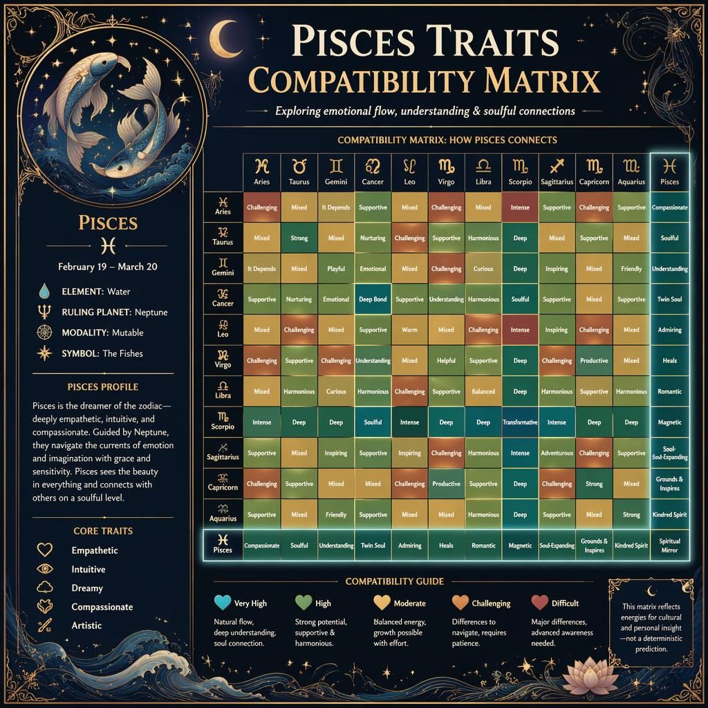 Pisces zodiac compatibility matrix infographic with 12x12 heatmap, highlighted Pisces row and column, and celestial profile panel.