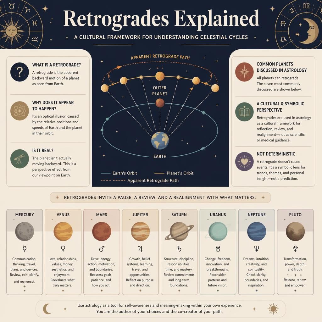 Infografía zodiacal minimalista sobre retrogrados con diagrama celeste central, planetas, flechas orbitales y secciones por planeta.